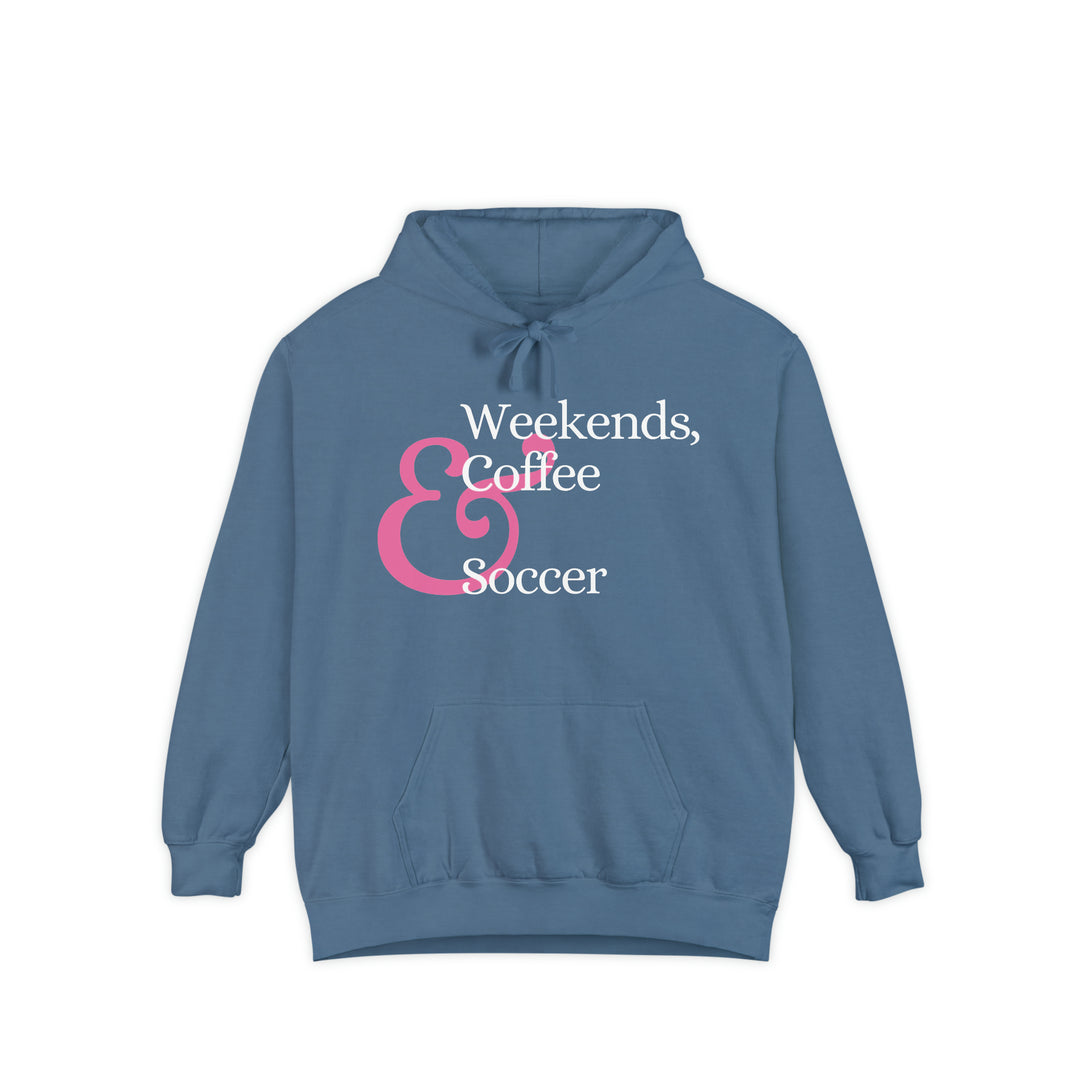 Weekends Soccer &amp; Coffee Pink Design Unisex Adult Premium Hooded Sweatshirt