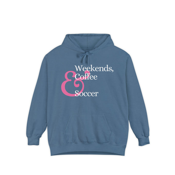 Weekends Soccer &amp; Coffee Pink Design Unisex Adult Premium Hooded Sweatshirt