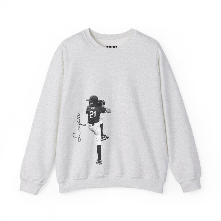 Gray sweatshirt with a black and white graphic of a person and text on a white background
