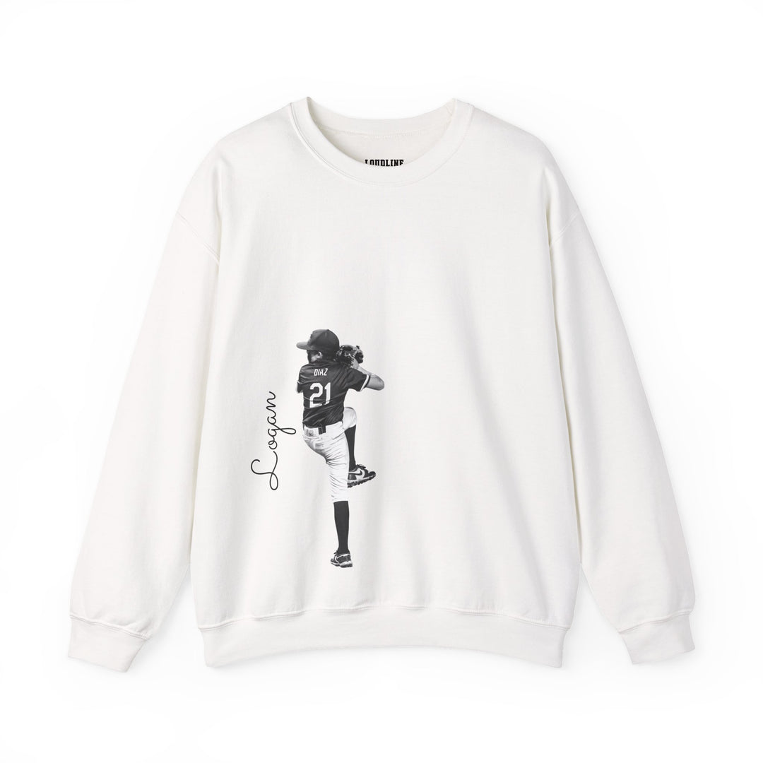 White sweatshirt with black and white graphic of a person and text on a white background