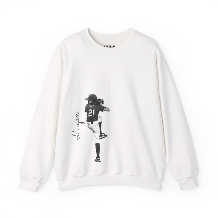 White sweatshirt with black and white graphic of a person and text on a white background