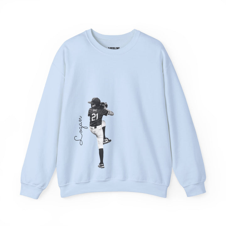 Light blue sweatshirt with a graphic of a person and text on a white background