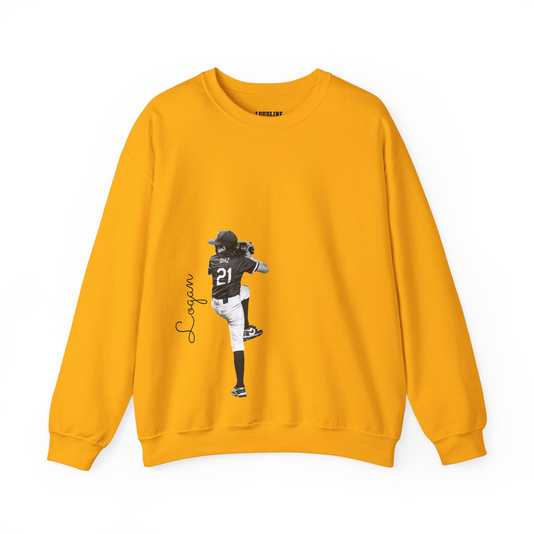 Yellow sweatshirt with a graphic of a person in a sports uniform on a white background