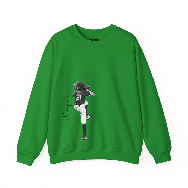 Green sweatshirt with a graphic of a person wearing a sports uniform on a white background