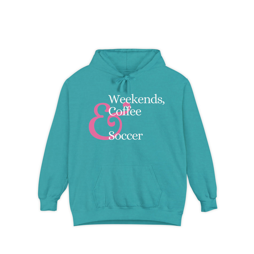 Weekends Soccer &amp; Coffee Pink Design Unisex Adult Premium Hooded Sweatshirt