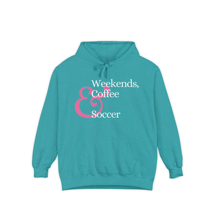 Weekends Soccer &amp; Coffee Pink Design Unisex Adult Premium Hooded Sweatshirt
