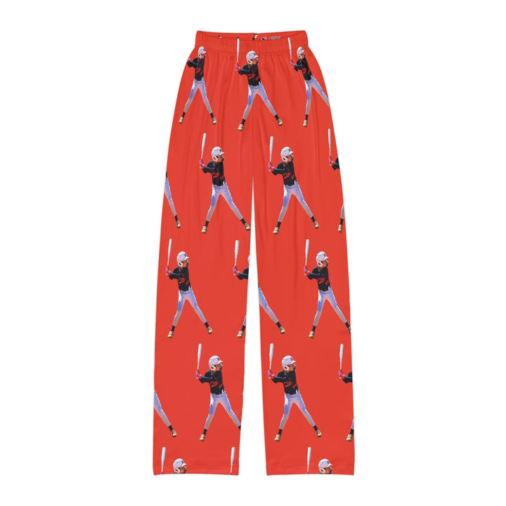Red pants with a pattern of a baseball player on a white background