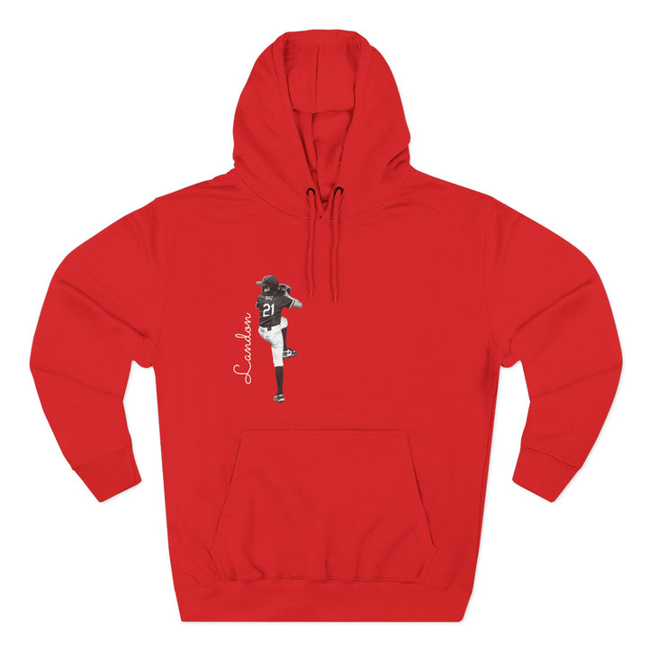 Red hoodie with a graphic of a person in a uniform.