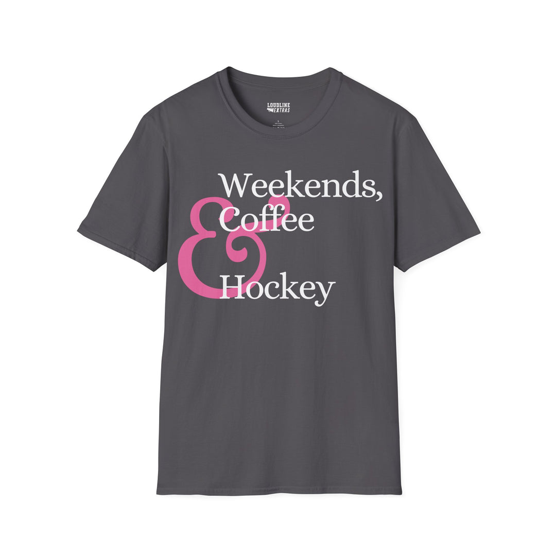 Weekends Coffee &amp; Hockey Pink Design Unisex Adult T-Shirt