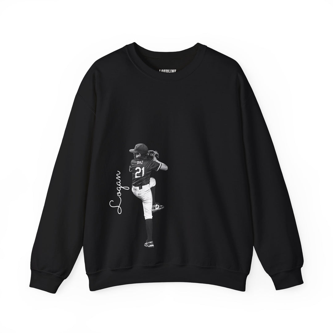 Black sweatshirt with a graphic of a baseball player and text on a white background