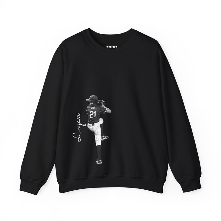 Black sweatshirt with a graphic of a baseball player and text on a white background