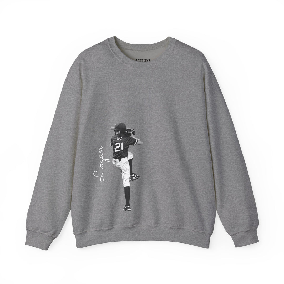 Gray sweatshirt with a graphic of a person in a baseball uniform on a white background