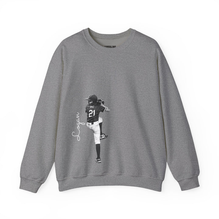 Gray sweatshirt with a graphic of a person in a baseball uniform on a white background