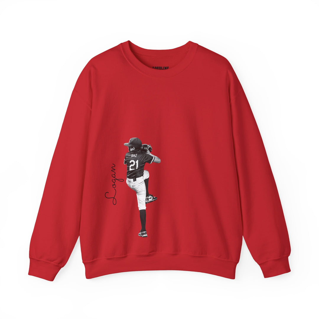 Red sweatshirt with a graphic of a football player on a white background