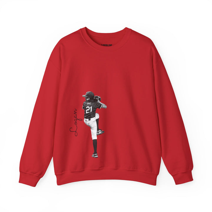Red sweatshirt with a graphic of a football player on a white background