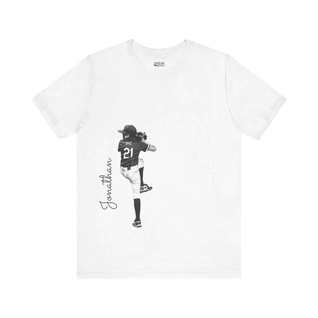 White t-shirt with black and white graphic of a person and text on a white background