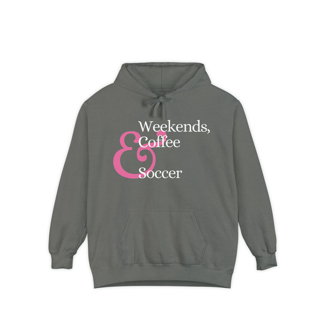 Weekends Soccer &amp; Coffee Pink Design Unisex Adult Premium Hooded Sweatshirt