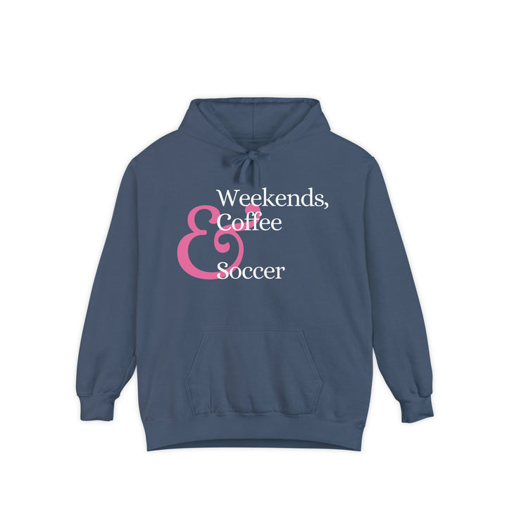 Weekends Soccer &amp; Coffee Pink Design Unisex Adult Premium Hooded Sweatshirt