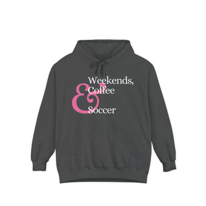 Weekends Soccer &amp; Coffee Pink Design Unisex Adult Premium Hooded Sweatshirt