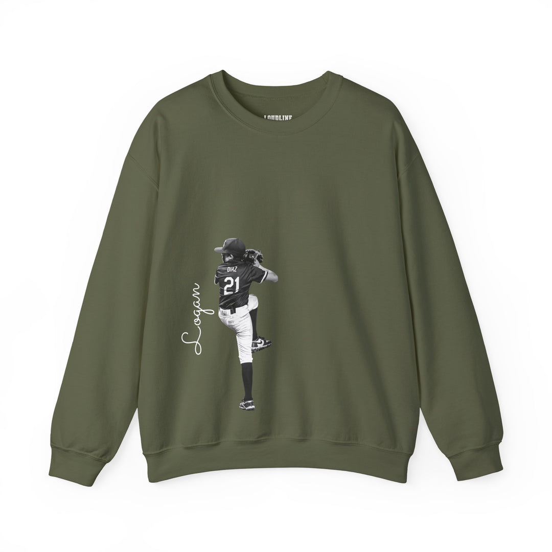 Green sweatshirt with a graphic of a person in a sports uniform on a white background