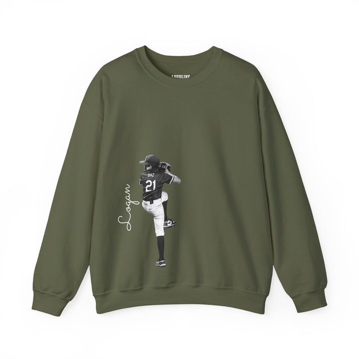 Green sweatshirt with a graphic of a person in a sports uniform on a white background