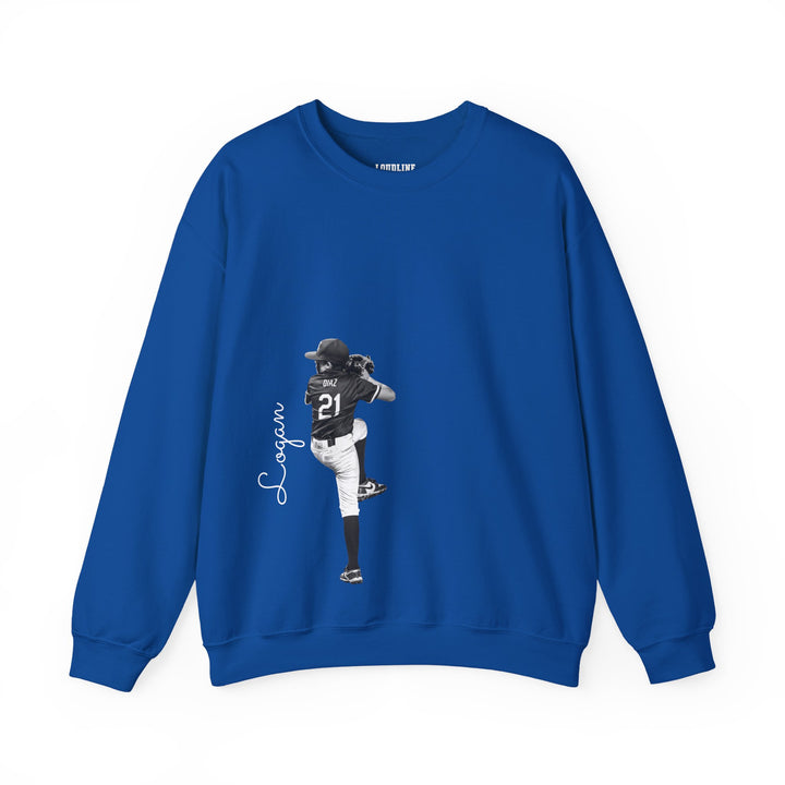 Blue sweatshirt with a graphic of a person and text on a white background