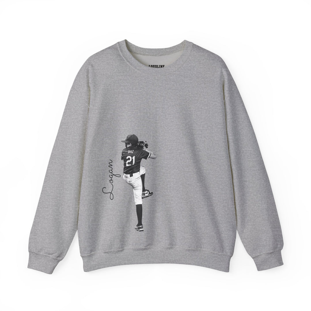 Grey sweatshirt with a graphic of a person and text on a white background