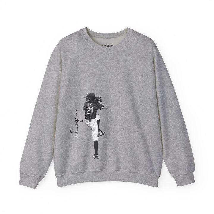 Grey sweatshirt with a graphic of a person and text on a white background