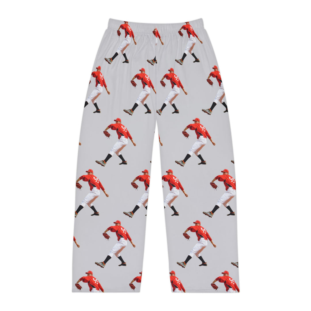 Pajama pants with a pattern of a baseball player in red uniform on a light gray background