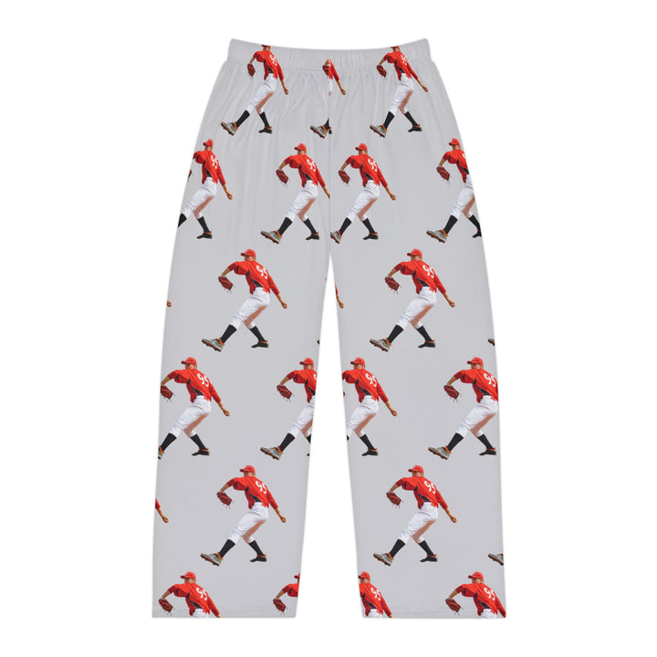 Pajama pants with a pattern of a baseball player in red uniform on a light gray background