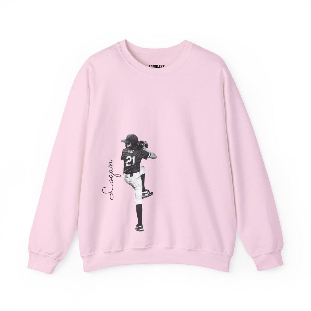 Pink sweatshirt with a graphic of a person and text on a white background