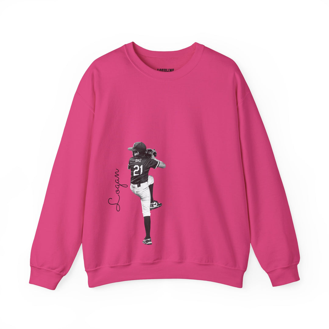 Pink sweatshirt with a graphic of a person in a sports uniform on a white background