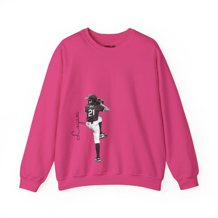 Pink sweatshirt with a graphic of a person in a sports uniform on a white background
