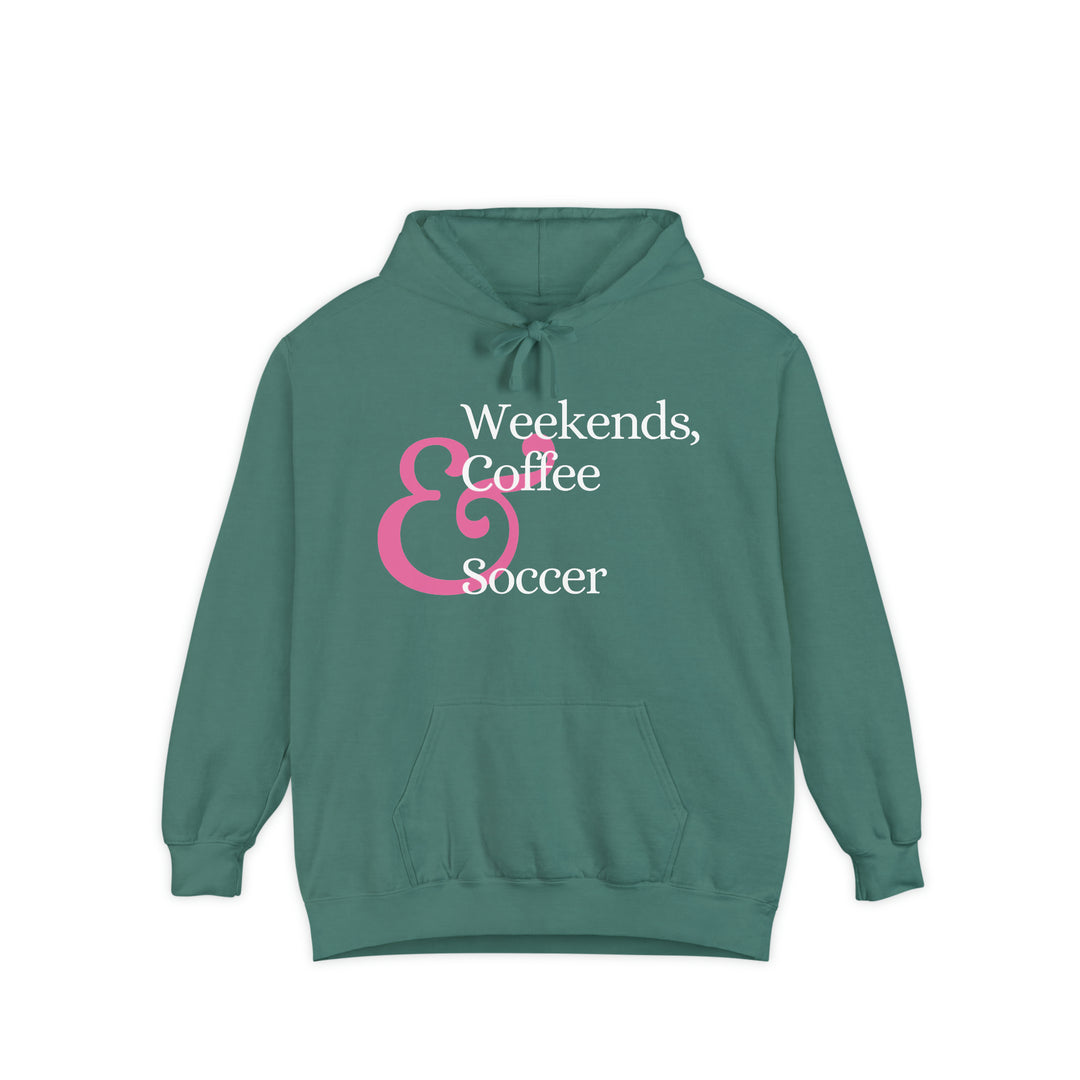 Weekends Soccer &amp; Coffee Pink Design Unisex Adult Premium Hooded Sweatshirt