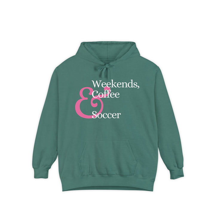 Weekends Soccer &amp; Coffee Pink Design Unisex Adult Premium Hooded Sweatshirt