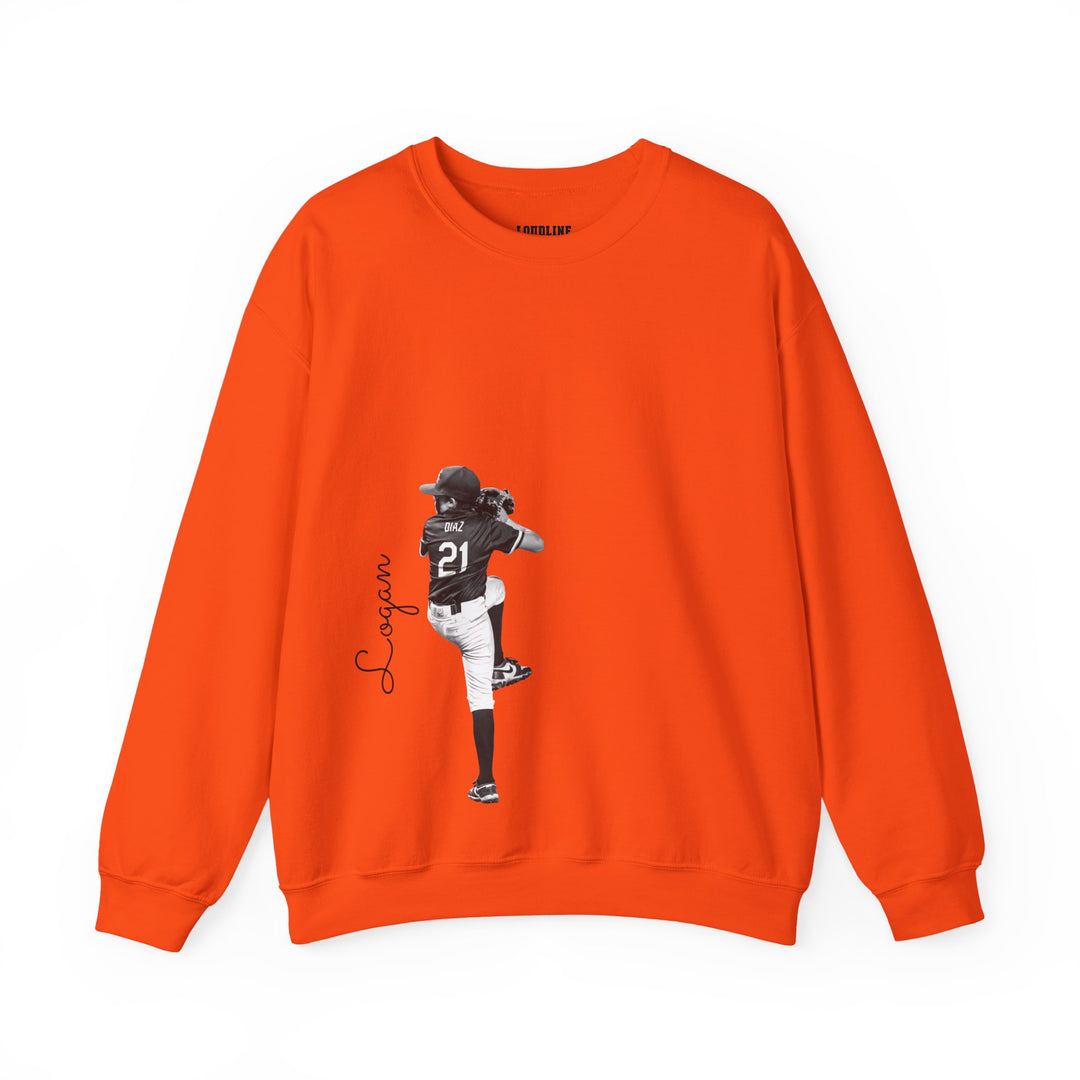 Orange sweatshirt with a graphic of a person in a sports uniform on a white background