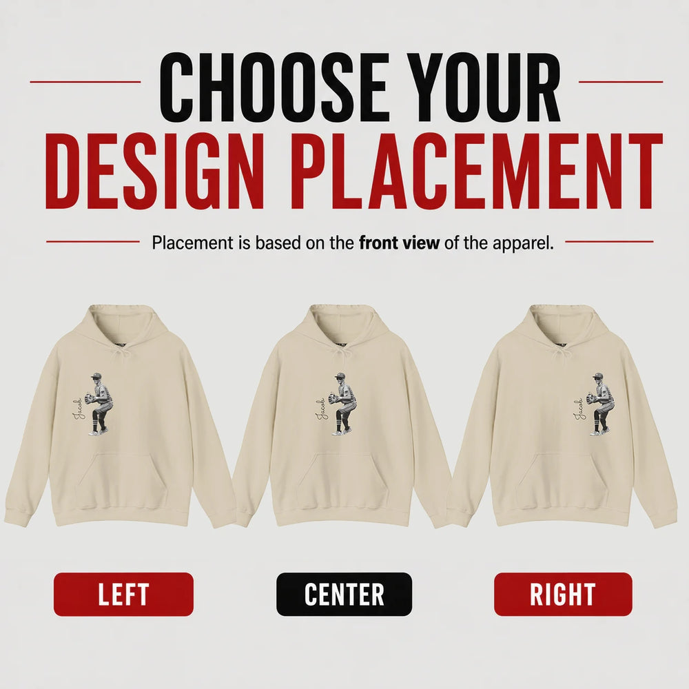 Beige hoodie with graphic design options on a white background