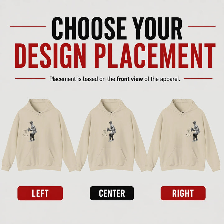 Beige hoodie with graphic design options on a white background