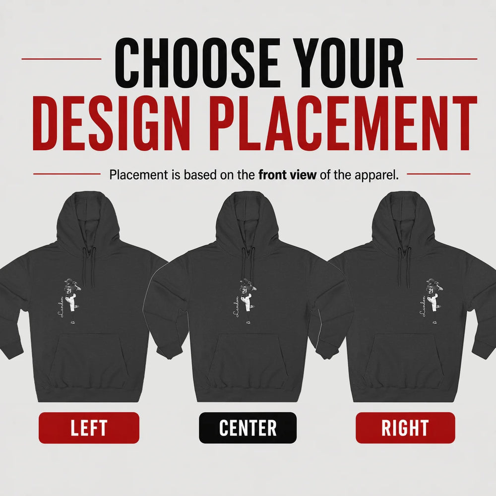 Black hoodies with design placement options on a gray background