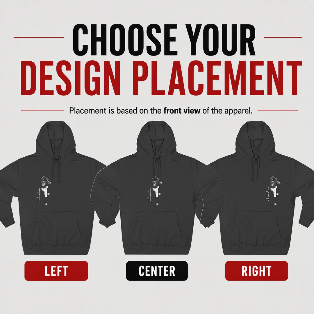 Black hoodies with design placement options on a gray background