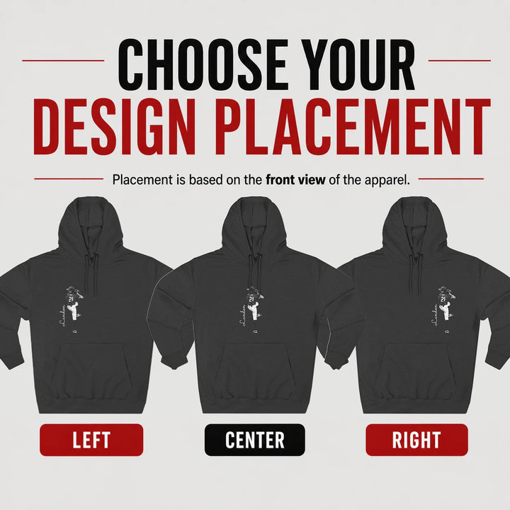 Black hoodies with design placement options on a gray background