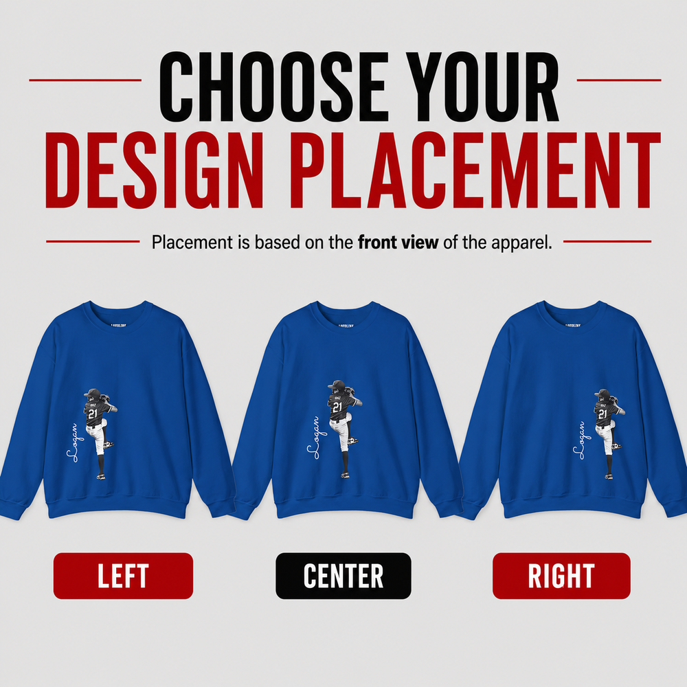 Three blue sweatshirts with a design placement guide on a white background