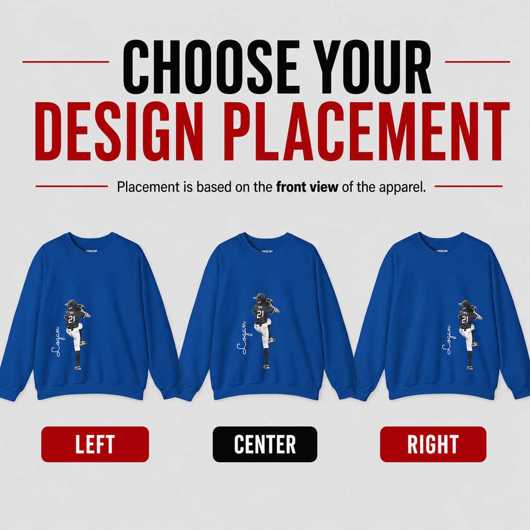 Three blue sweatshirts with a design placement guide on a white background
