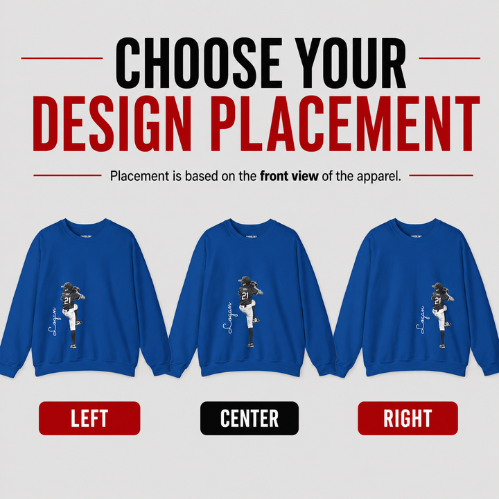 Three blue sweatshirts with a design placement guide on a white background