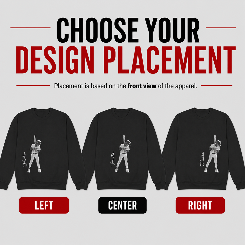 Black sweatshirt with a graphic design on the front, showing options for design placement.
