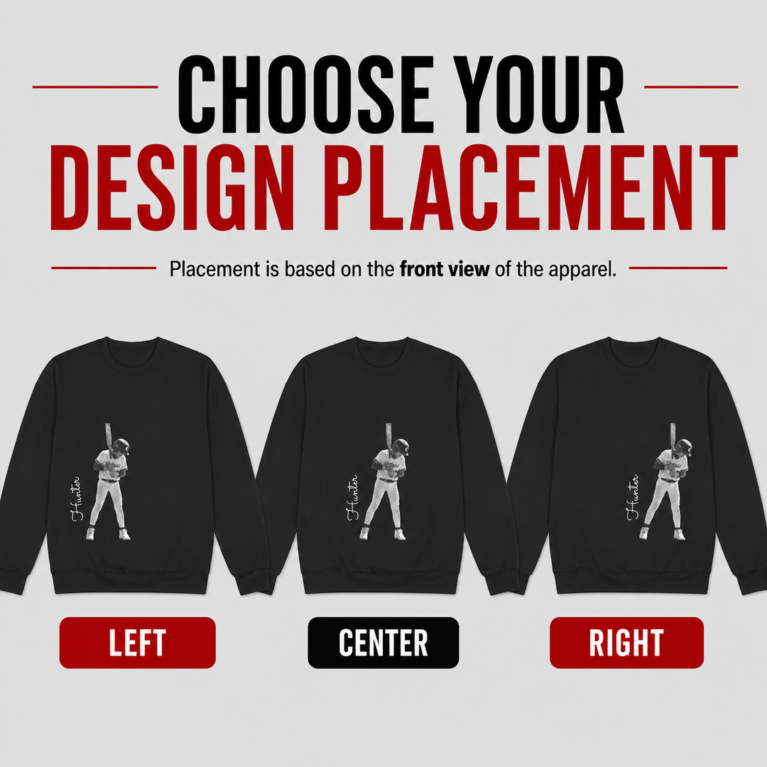 Black sweatshirt with a graphic design on the front, showing options for design placement.