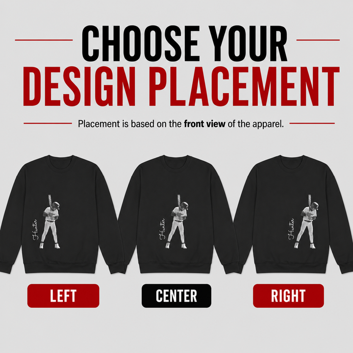 Black sweatshirt with a graphic design on the front, showing options for design placement.