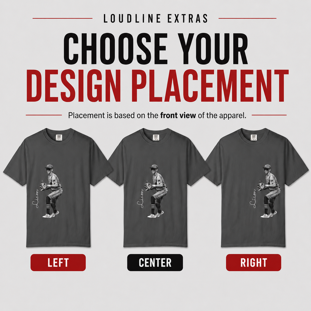 Three gray t-shirts with a graphic of a baseball player on a gray background, with text about design placement.