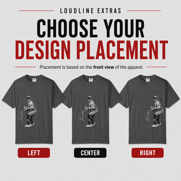 Three gray t-shirts with a graphic of a baseball player on a gray background, with text about design placement.