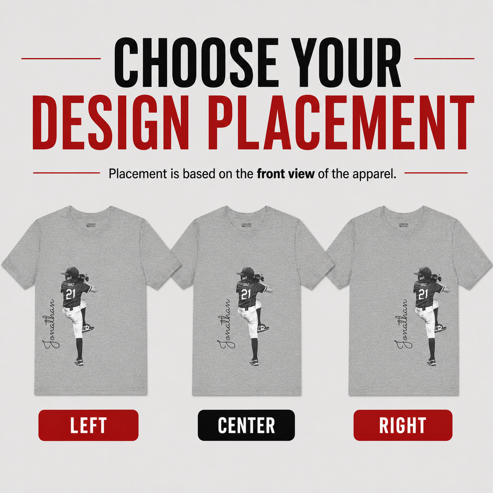 Gray t-shirt with a design of a person wearing a sports uniform, with options to choose design placement on a gray background.